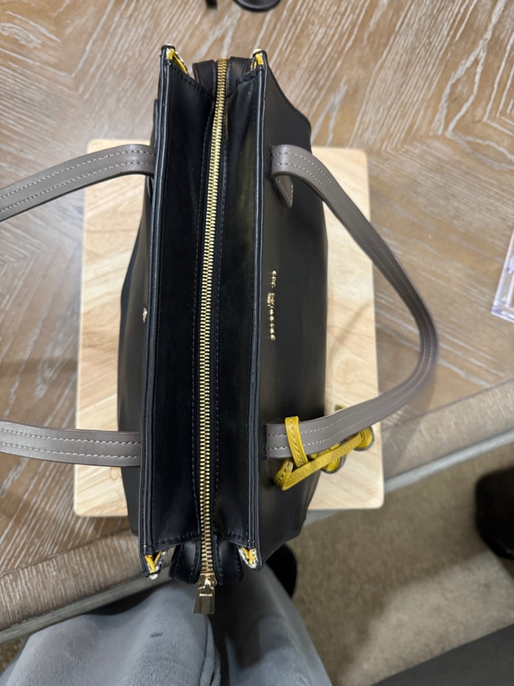 Spartina 449 Black Leather Satchel with Yellow Tassels and Gray Handles - Picture 7 of 12